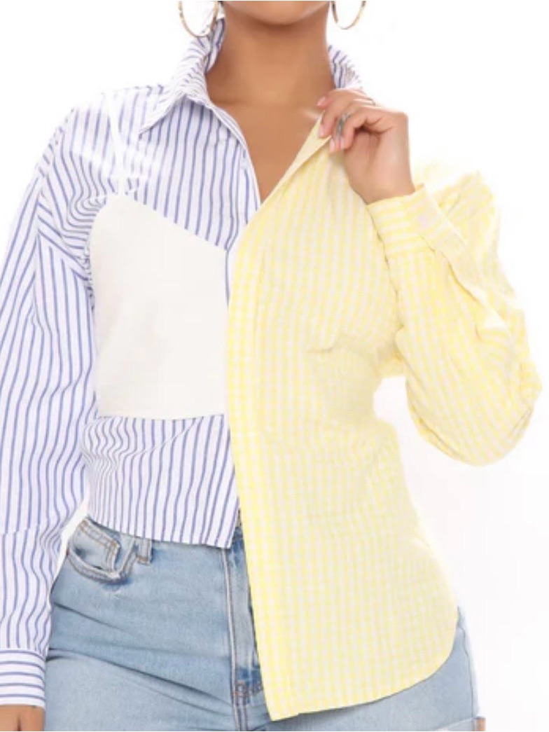 Colorblock Striped Button-Down Shirt - Yellow & Blue